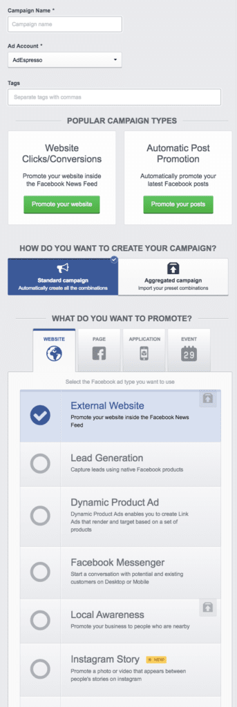 Building a Facebook ad campaign in AdEspresso