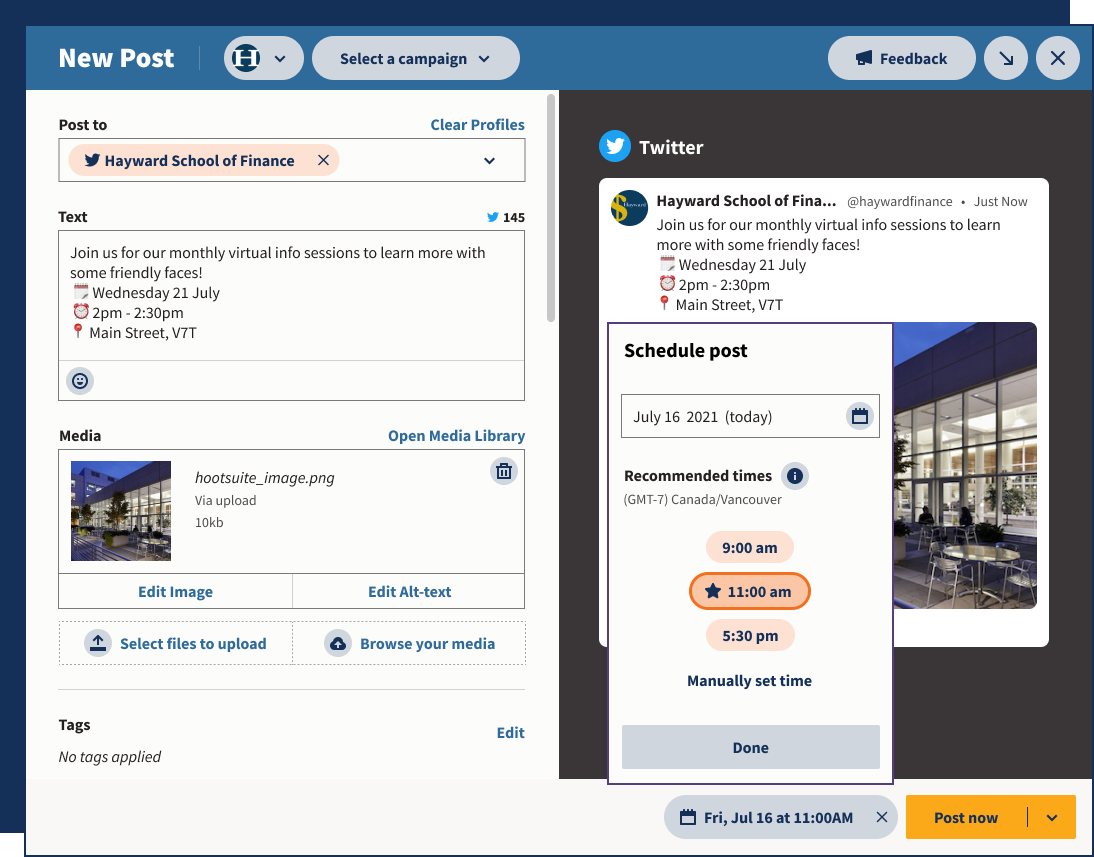 Building a post in Hootsuite Composer. View includes recommended times for scheduling the post.