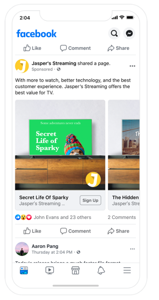 Facebook's dynamic streaming ad example