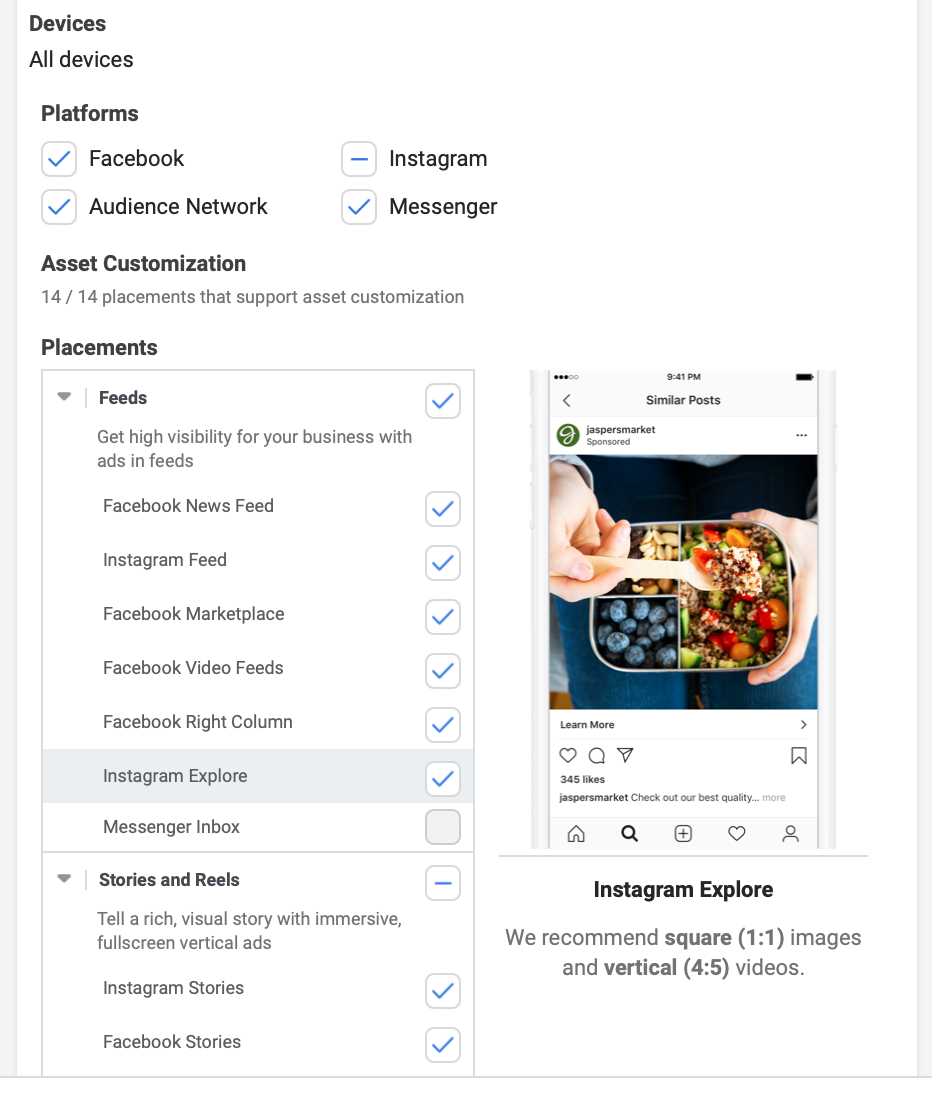 Instagram explore ads placement options