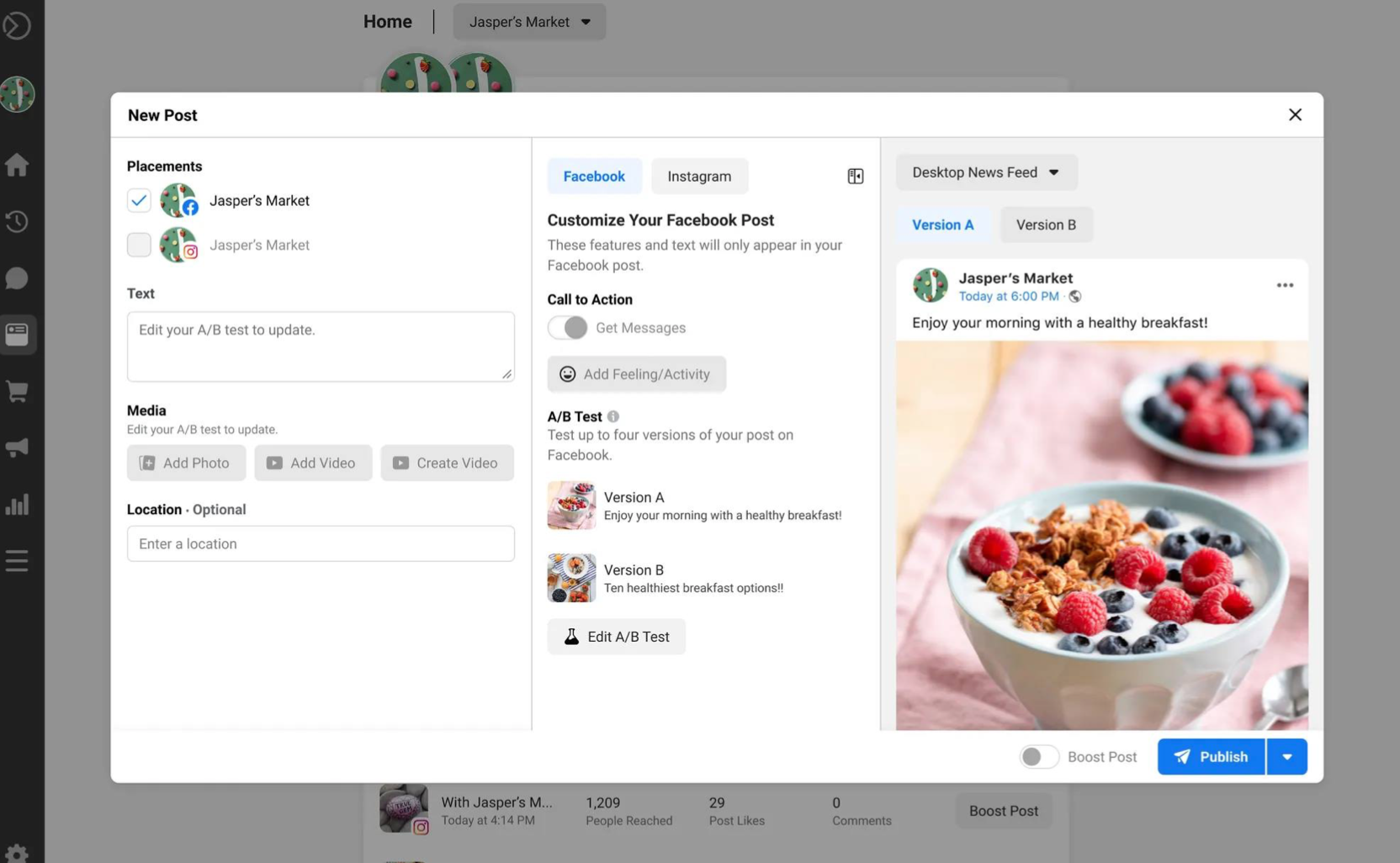 Facebook update split testing feature for organic posts