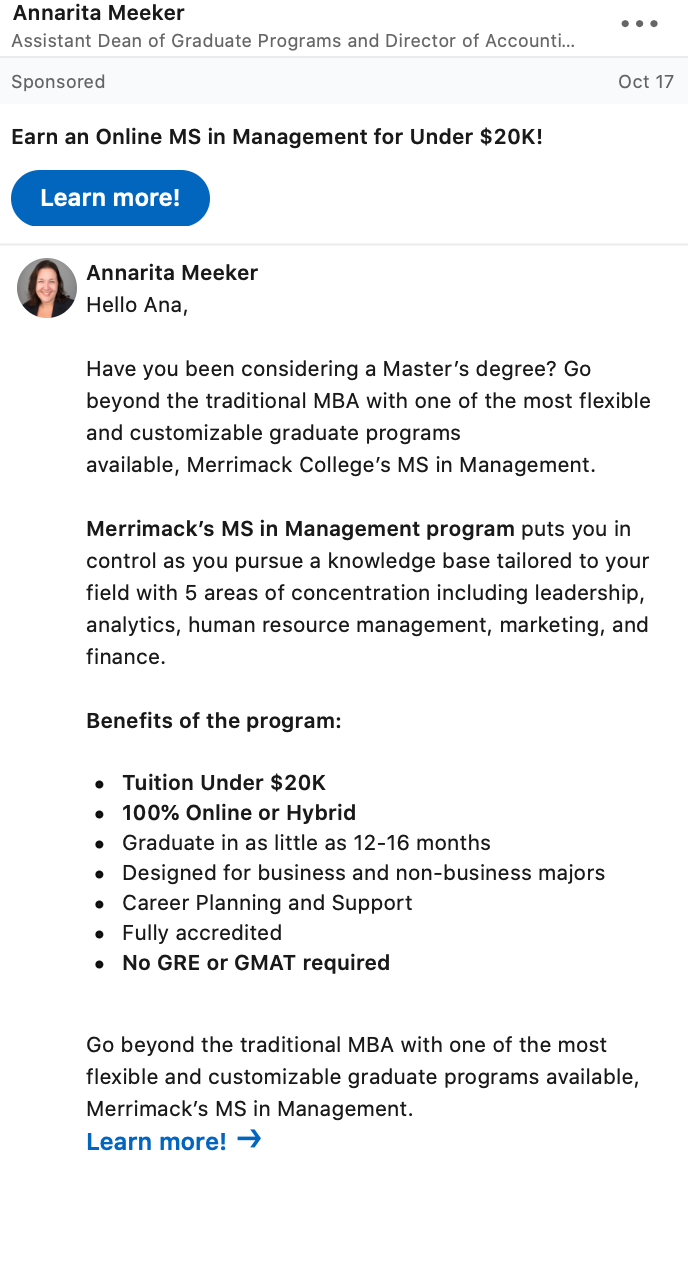 LinkedIn sponsored message ad