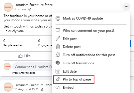 Pinning a post to a Facebook page